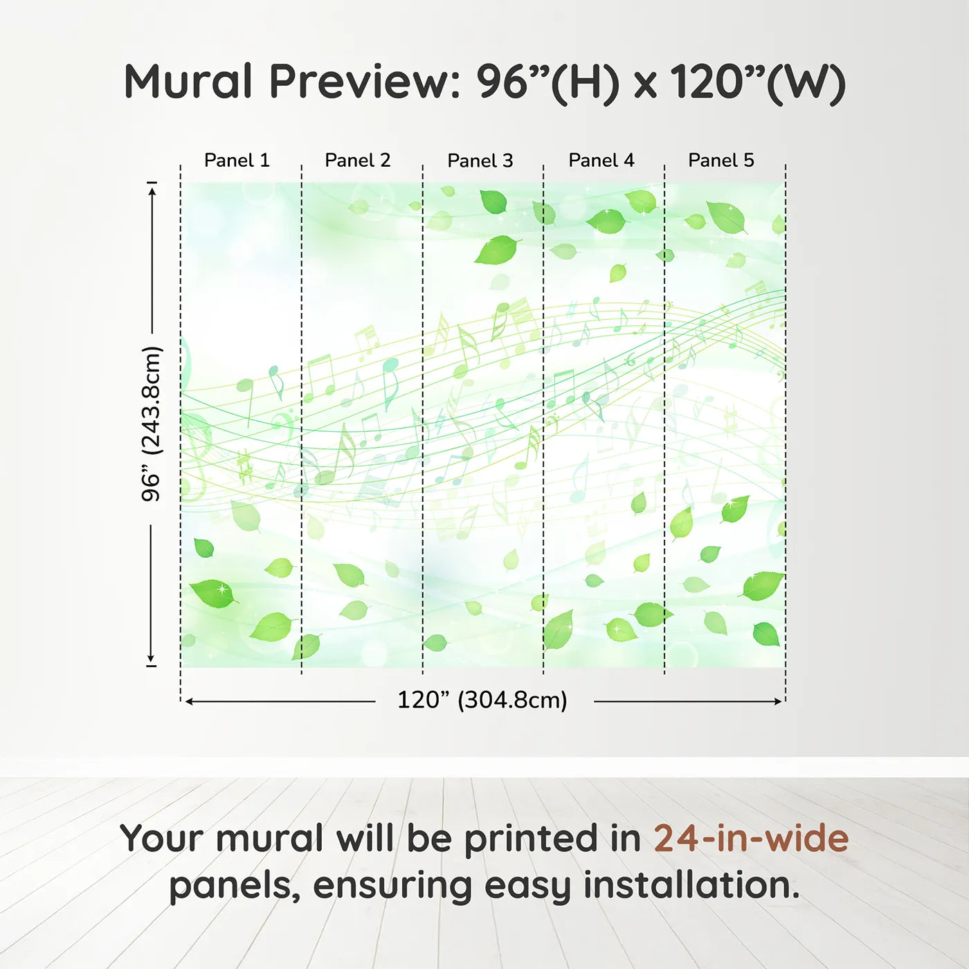 Whimsy Tots Whispering Leaves Melody Wall Muraldimension view (96" H x 120" W). Printed in five 24-inch-wide panels. Gender-Neutral