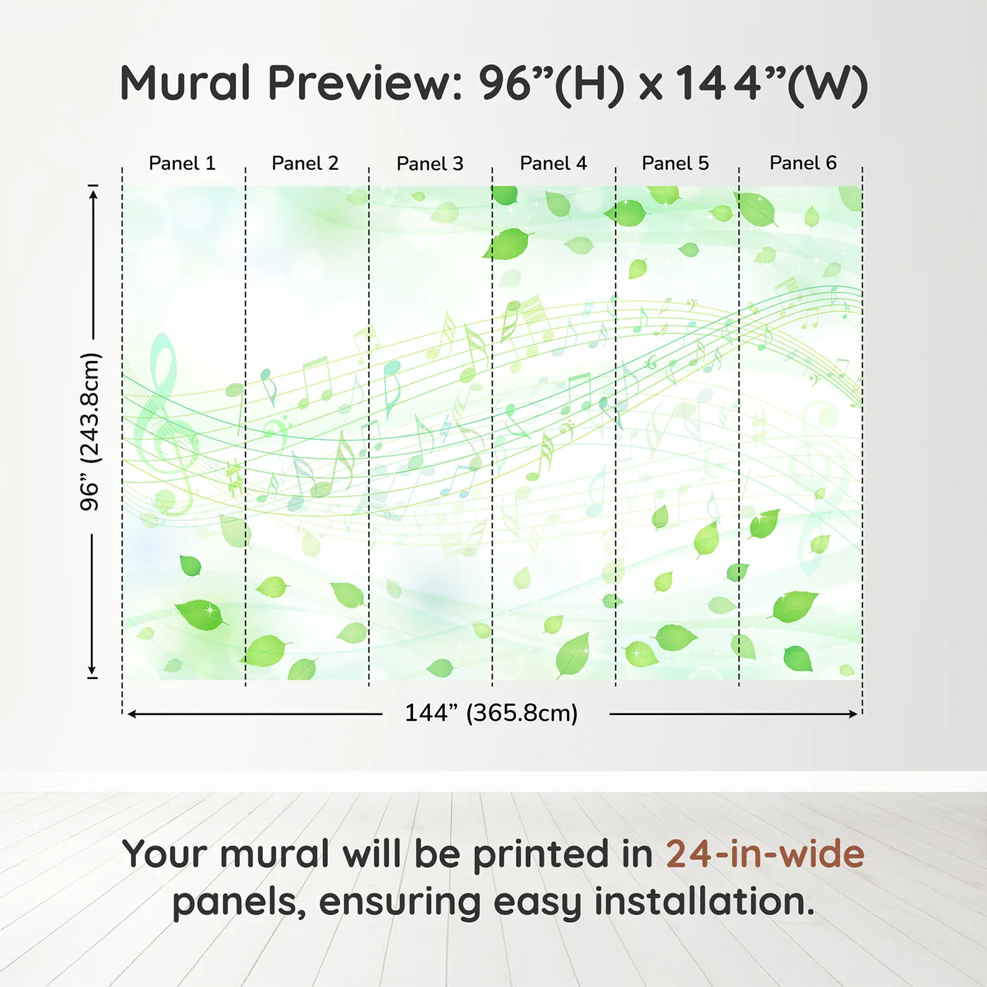Whimsy Tots Whispering Leaves Melody Wall Muraldimension view (96" H x 144" W). Printed in six 24-inch-wide panels. Gender-Neutral