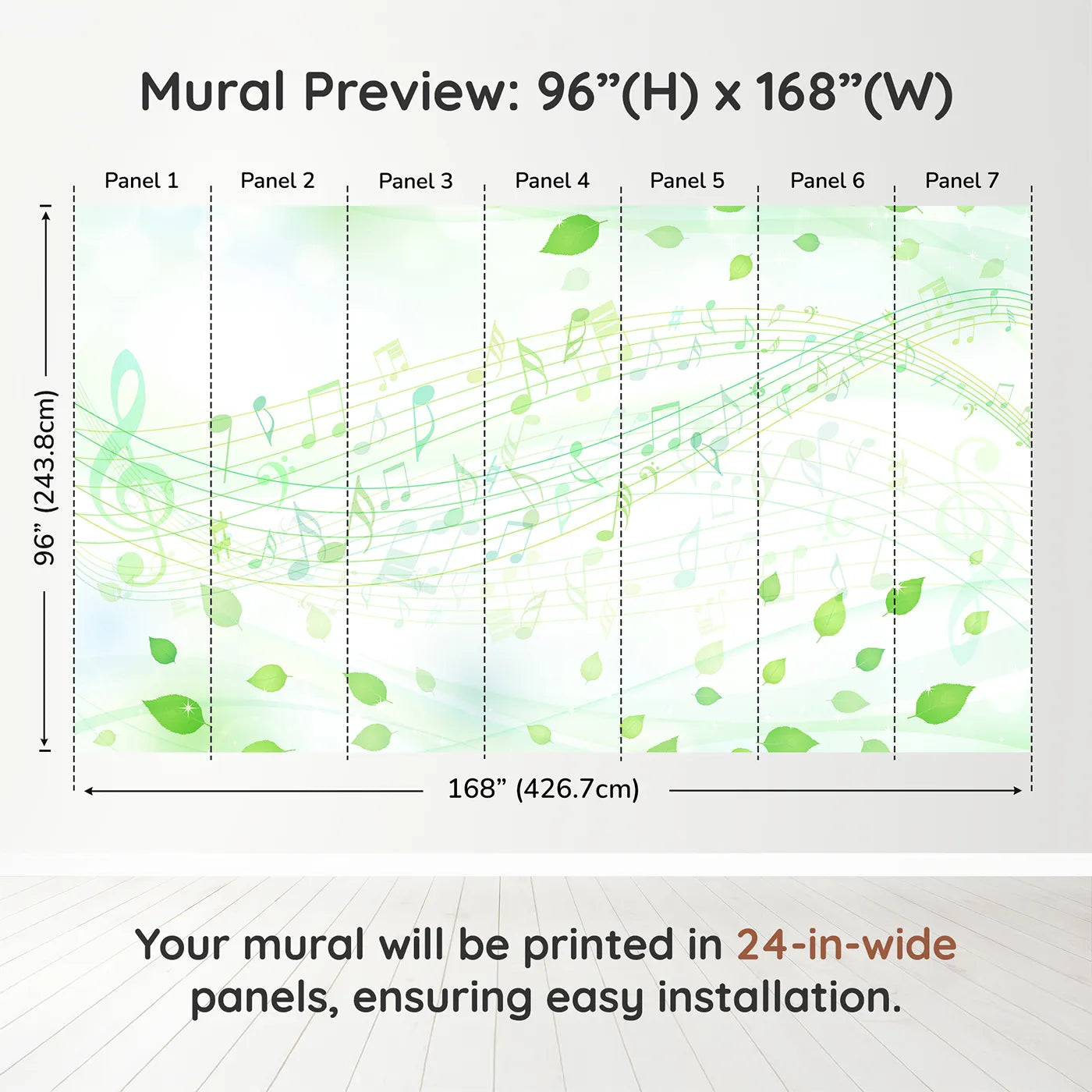 Whimsy Tots Whispering Leaves Melody Wall Muraldimension view (96" H x 168" W). Printed in seven 24-inch-wide panels. Gender-Neutral