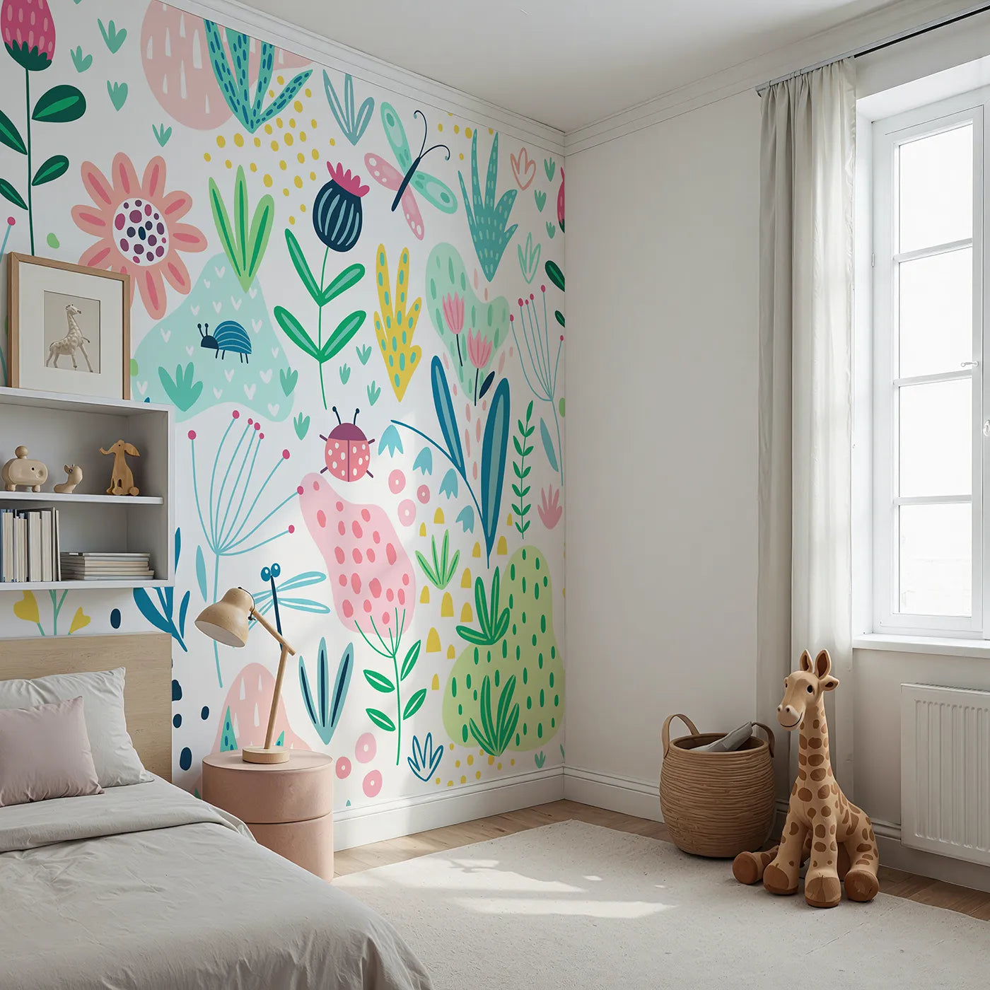 Angled view of Whimsy Tots' Folksy Garden Bugs Wall Mural (Turn Their Room into a Vibrant Meadow of Fun).Gender-Neutral