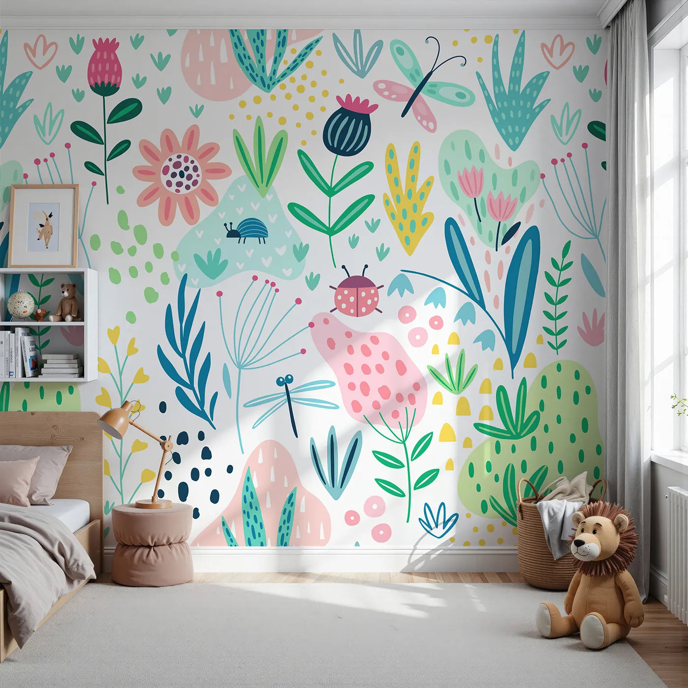 Front view of Whimsy Tots' Folksy Garden Bugs Wall Mural