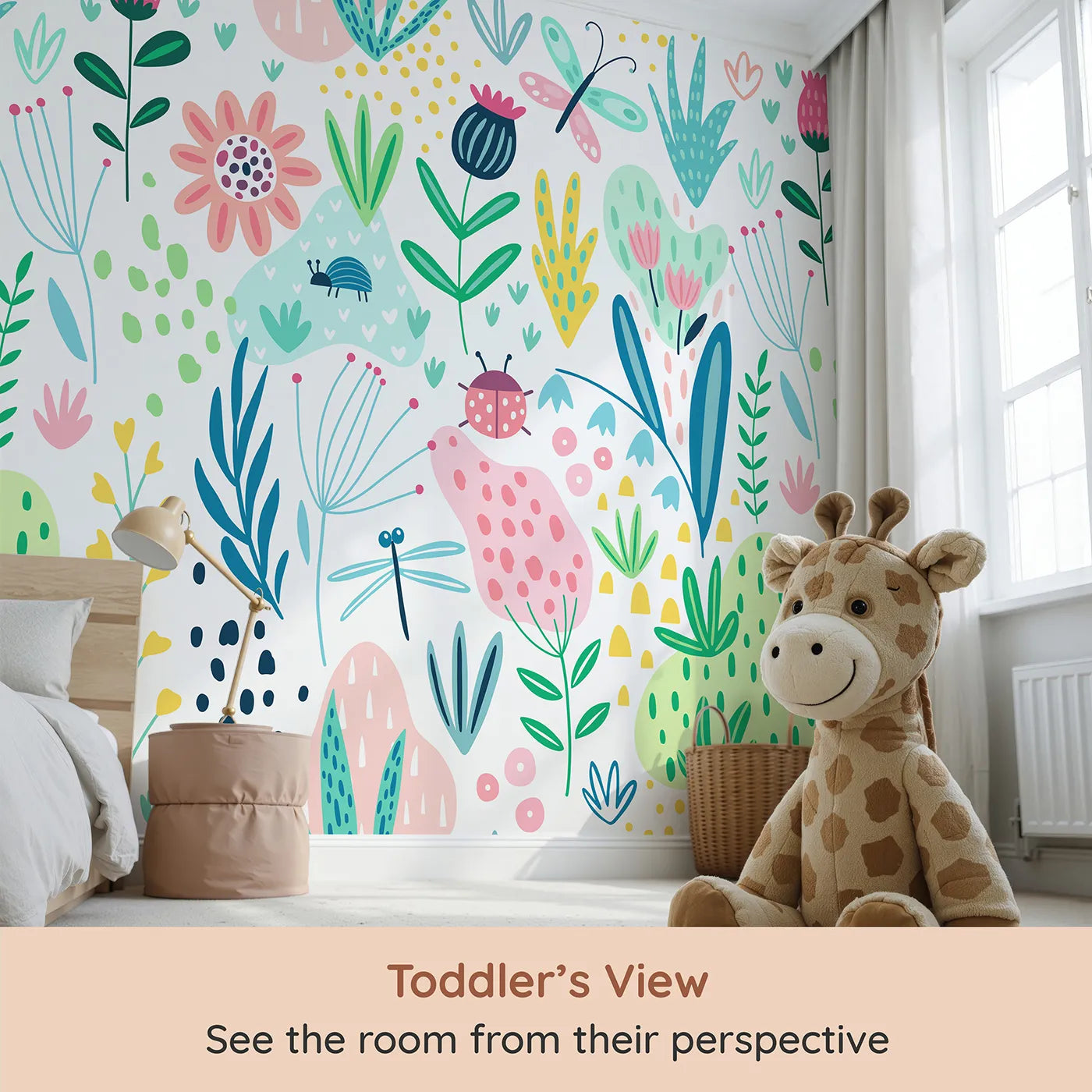 Whimsy Tots Folksy Garden Bugs Wall Mural (Turn Their Room into a Vibrant Meadow of Fun) from your child's view.Gender-Neutral