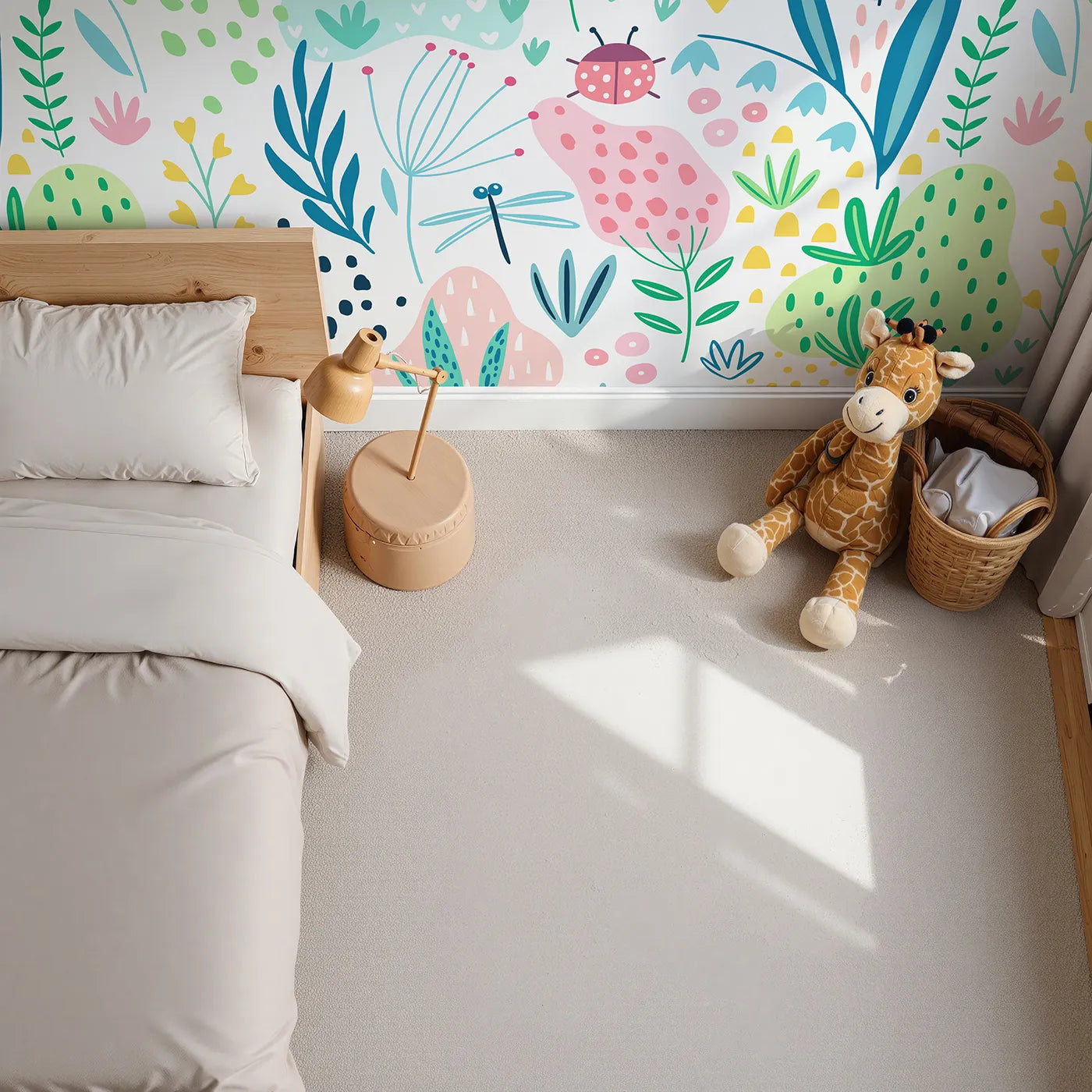 Top-down view of Whimsy Tots' Folksy Garden Bugs Wall Mural (Turn Their Room into a Vibrant Meadow of Fun).Gender-Neutral