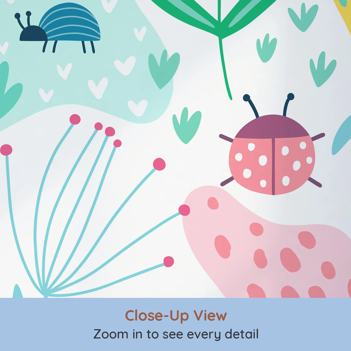 Close-up view of Whimsy Tots' Folksy Garden Bugs Wall Mural (Turn Their Room into a Vibrant Meadow of Fun).Gender-Neutral