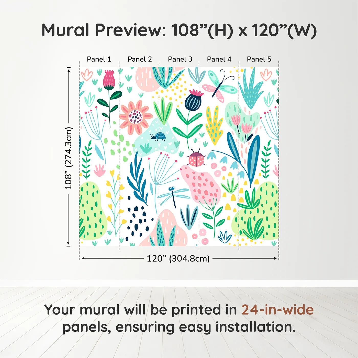 Whimsy Tots Folksy Garden Bugs Wall Muraldimension view (108" H x 120" W). Printed in five 24-inch-wide panels. Gender-Neutral