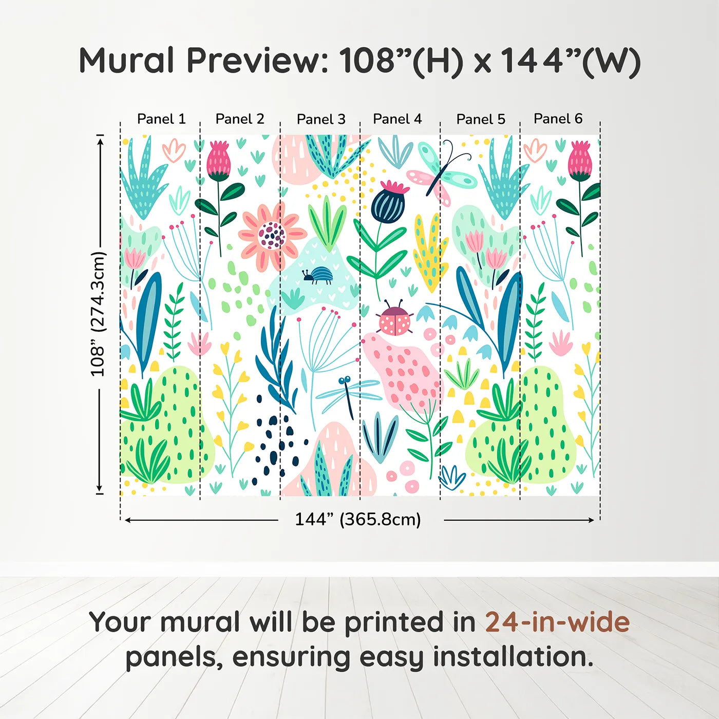 Whimsy Tots Folksy Garden Bugs Wall Muraldimension view (108" H x 144" W). Printed in six 24-inch-wide panels. Gender-Neutral