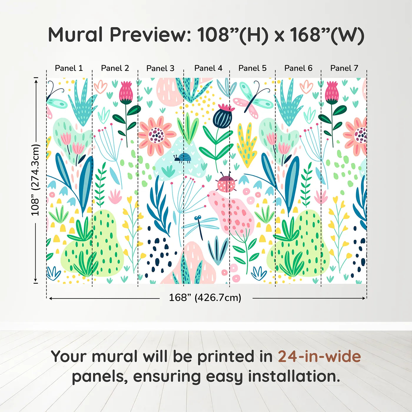 Whimsy Tots Folksy Garden Bugs Wall Muraldimension view (108" H x 168" W). Printed in seven 24-inch-wide panels. Gender-Neutral