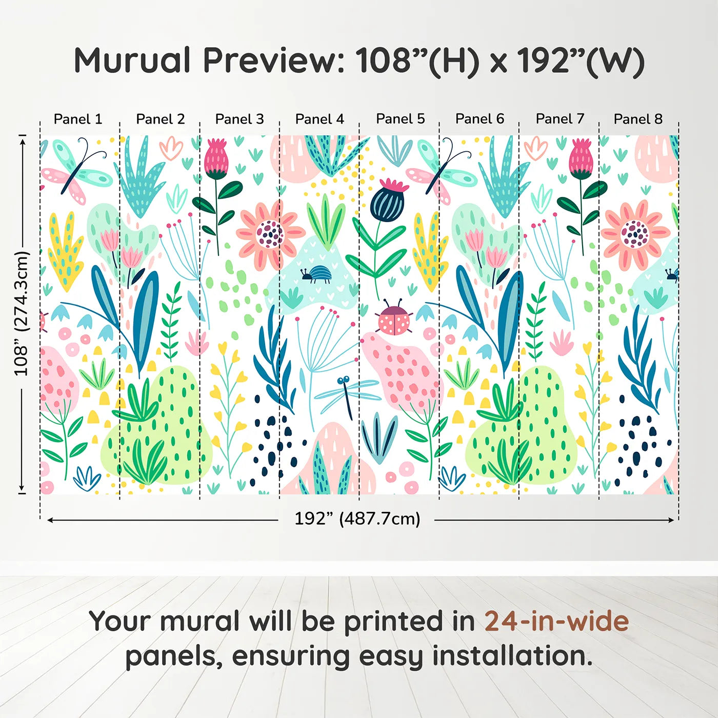 Whimsy Tots Folksy Garden Bugs Wall Muraldimension view (108" H x 192" W). Printed in eight 24-inch-wide panels. Gender-Neutral