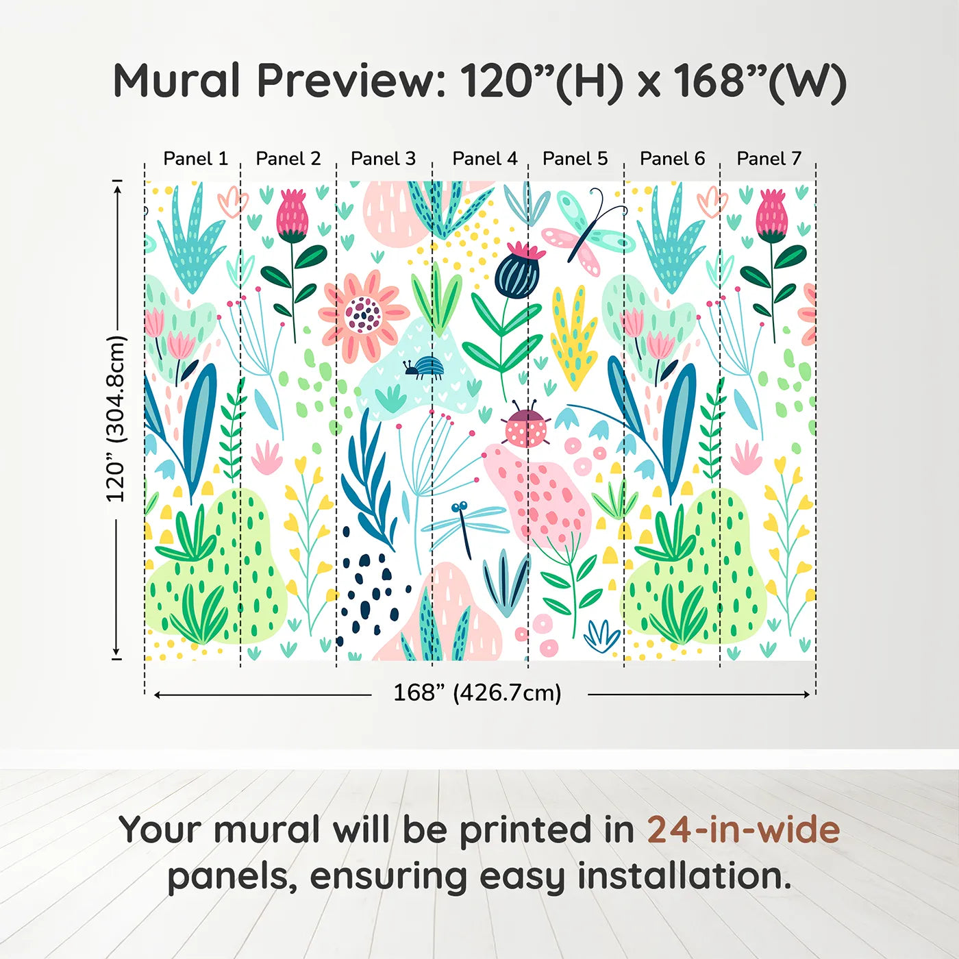 Whimsy Tots Folksy Garden Bugs Wall Muraldimension view (120" H x 168" W). Printed in seven 24-inch-wide panels. Gender-Neutral