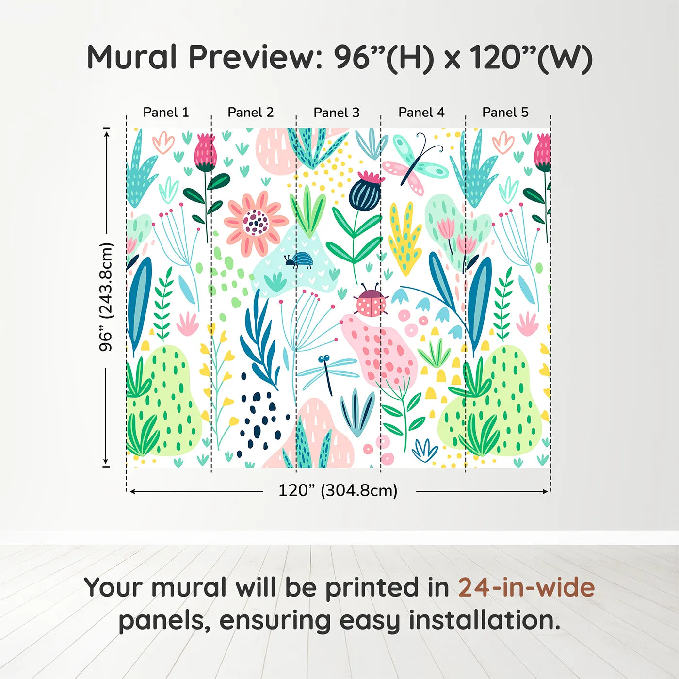 Whimsy Tots Folksy Garden Bugs Wall Muraldimension view (96" H x 120" W). Printed in five 24-inch-wide panels. Gender-Neutral