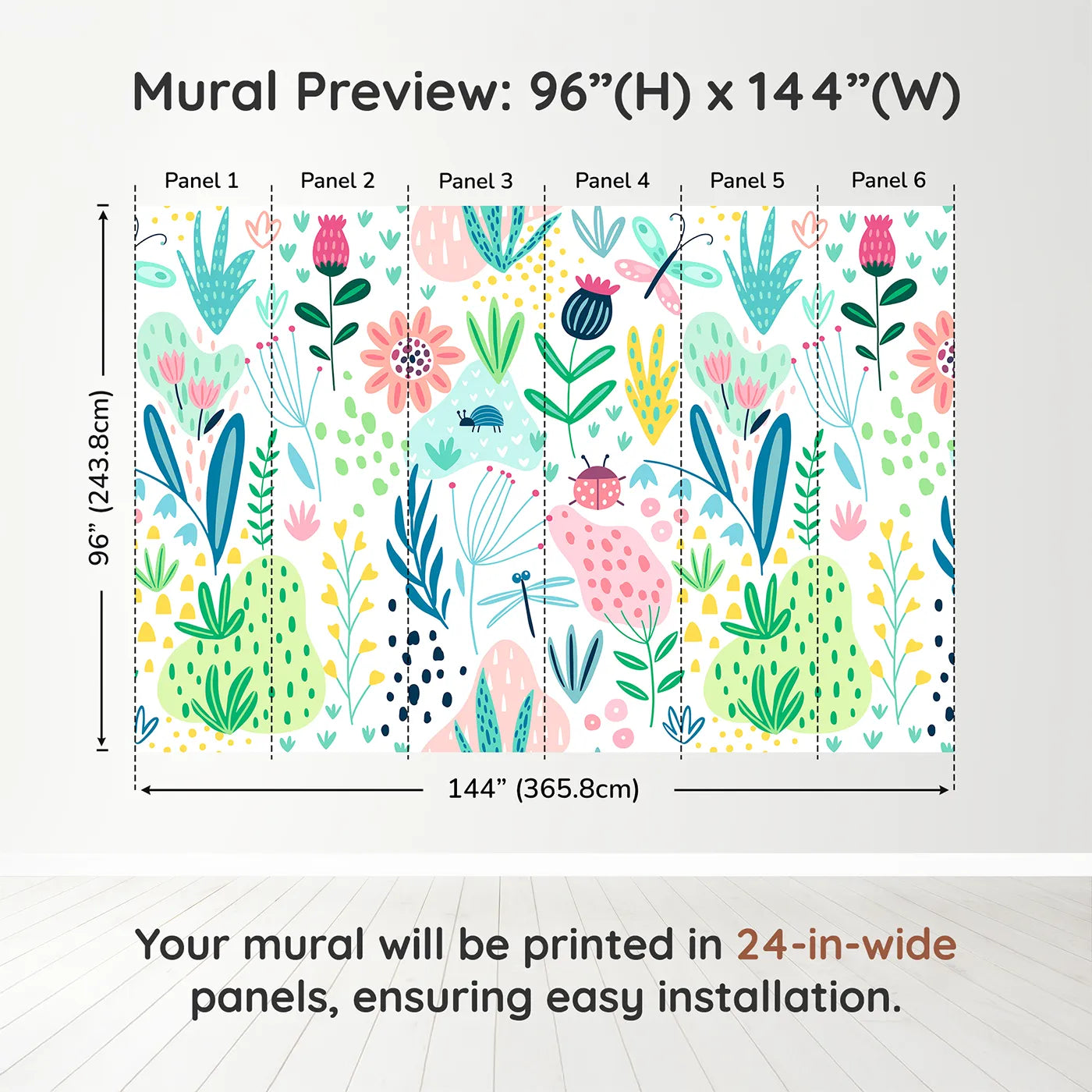 Whimsy Tots Folksy Garden Bugs Wall Muraldimension view (96" H x 144" W). Printed in six 24-inch-wide panels. Gender-Neutral