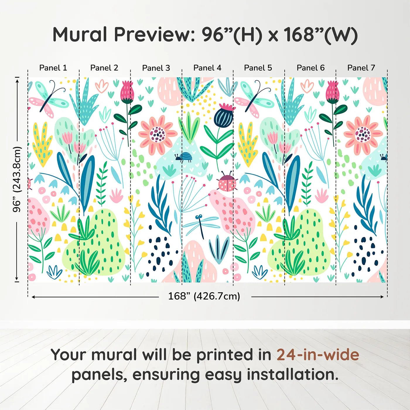 Whimsy Tots Folksy Garden Bugs Wall Muraldimension view (96" H x 168" W). Printed in seven 24-inch-wide panels. Gender-Neutral