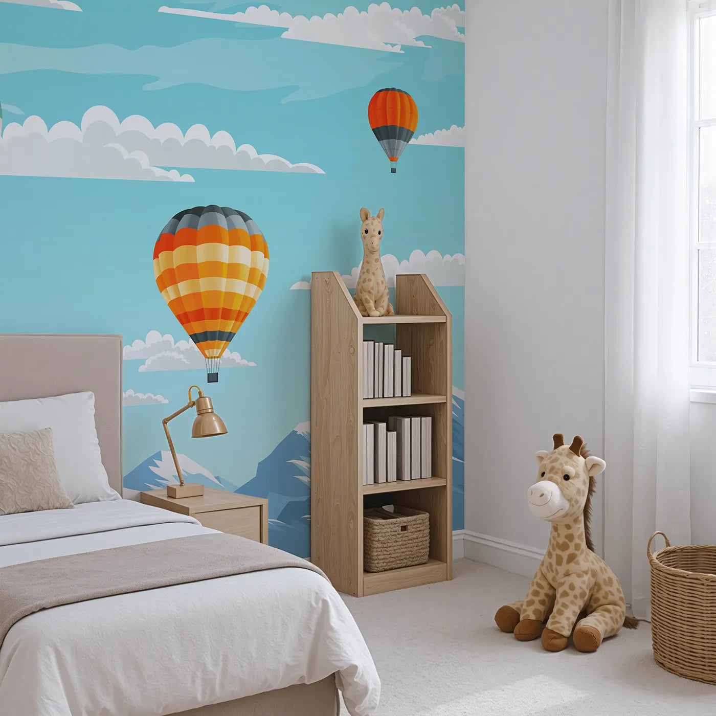 Angled view of Whimsy Tots' Mountain High Balloons Wall Mural (Turn Their Room into a Breathtaking Sky Adventure).Gender-Neutral