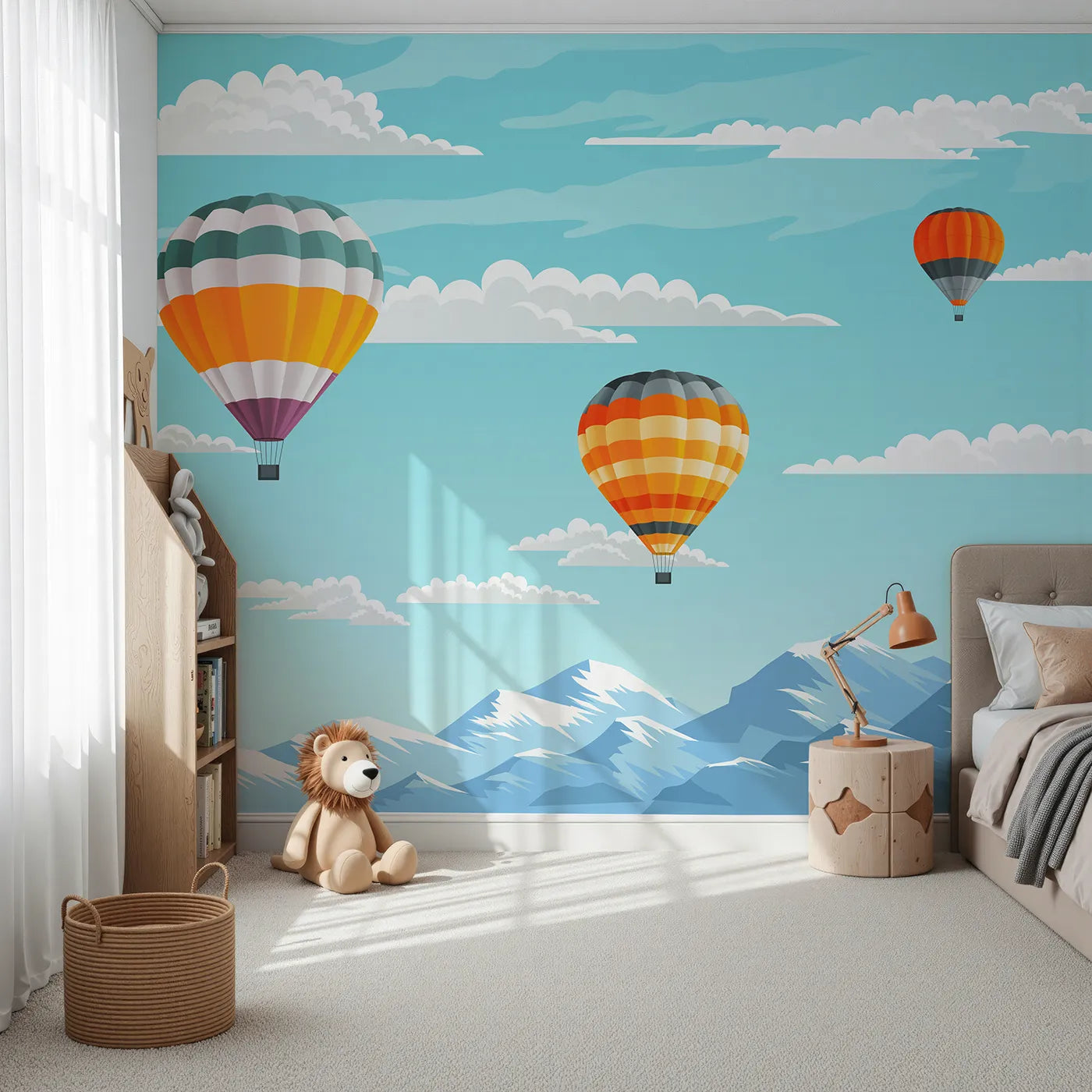 Front view of Whimsy Tots' Mountain High Balloons Wall Mural