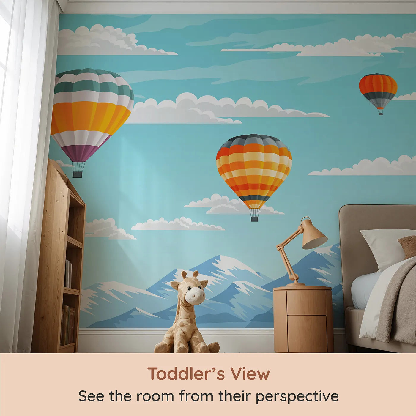 Whimsy Tots Mountain High Balloons Wall Mural (Turn Their Room into a Breathtaking Sky Adventure) from your child's view.Gender-Neutral