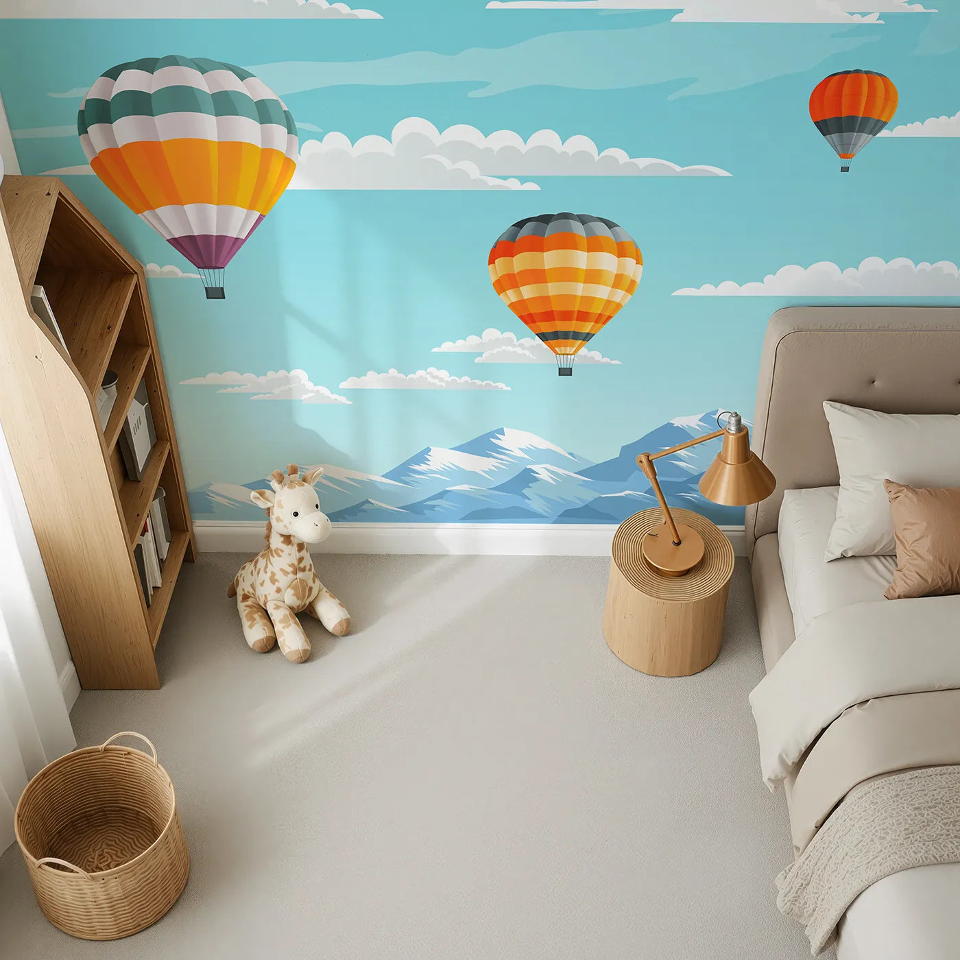 Top-down view of Whimsy Tots' Mountain High Balloons Wall Mural (Turn Their Room into a Breathtaking Sky Adventure).Gender-Neutral