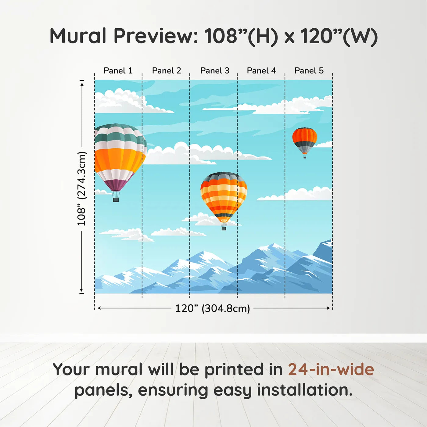 Whimsy Tots Mountain High Balloons Wall Muraldimension view (108" H x 120" W). Printed in five 24-inch-wide panels. Gender-Neutral