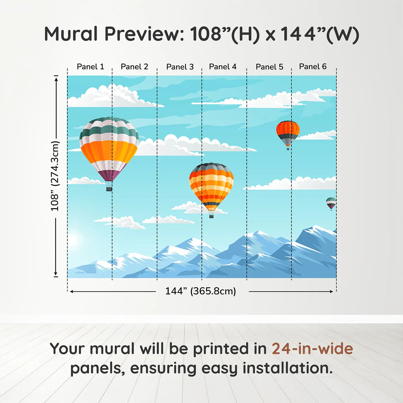 Whimsy Tots Mountain High Balloons Wall Muraldimension view (108" H x 144" W). Printed in six 24-inch-wide panels. Gender-Neutral
