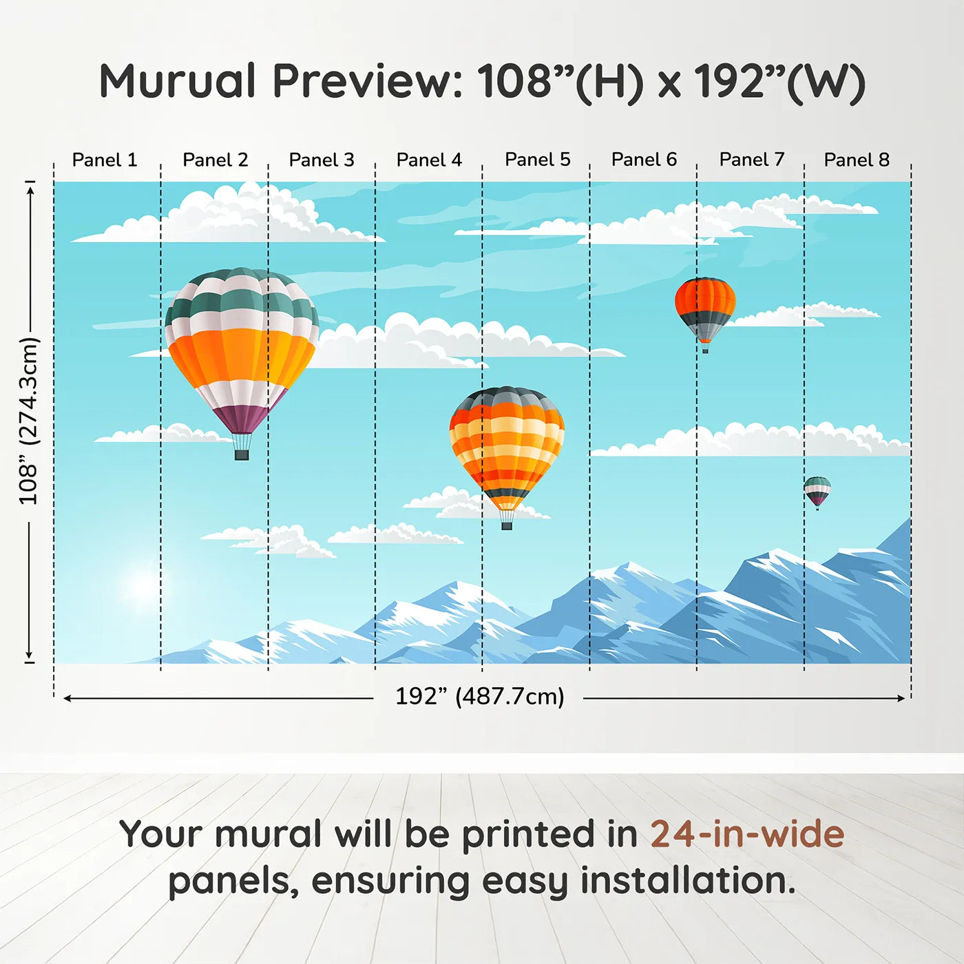 Whimsy Tots Mountain High Balloons Wall Muraldimension view (108" H x 192" W). Printed in eight 24-inch-wide panels. Gender-Neutral