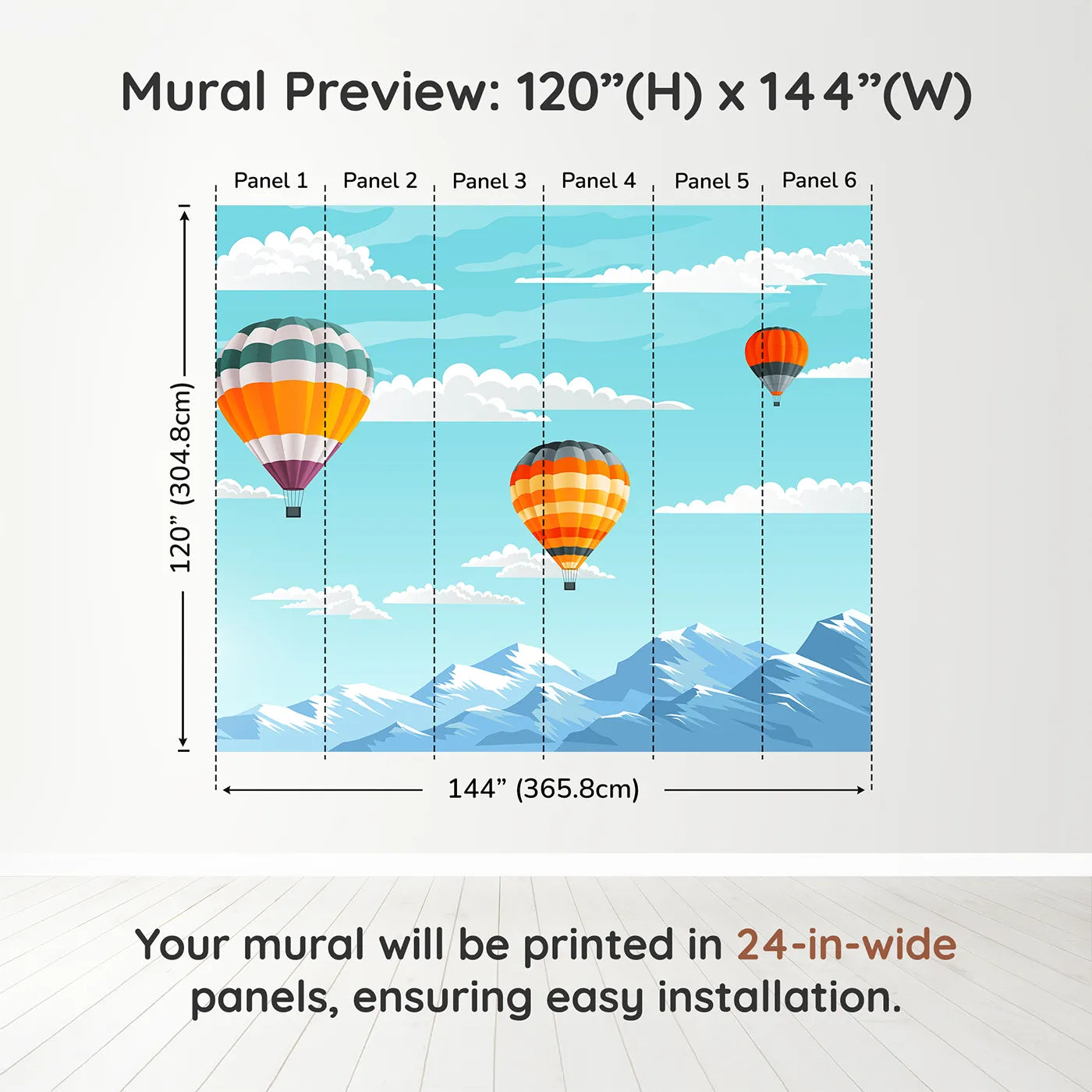 Whimsy Tots Mountain High Balloons Wall Muraldimension view (120" H x 144" W). Printed in six 24-inch-wide panels. Gender-Neutral
