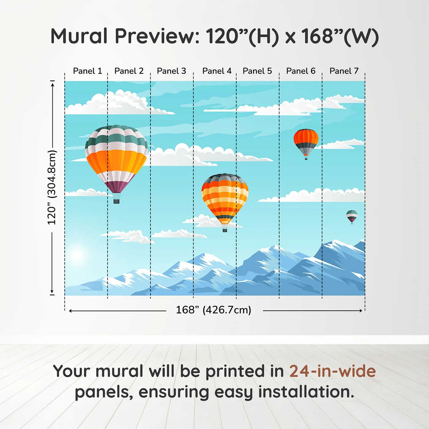 Whimsy Tots Mountain High Balloons Wall Muraldimension view (120" H x 168" W). Printed in seven 24-inch-wide panels. Gender-Neutral