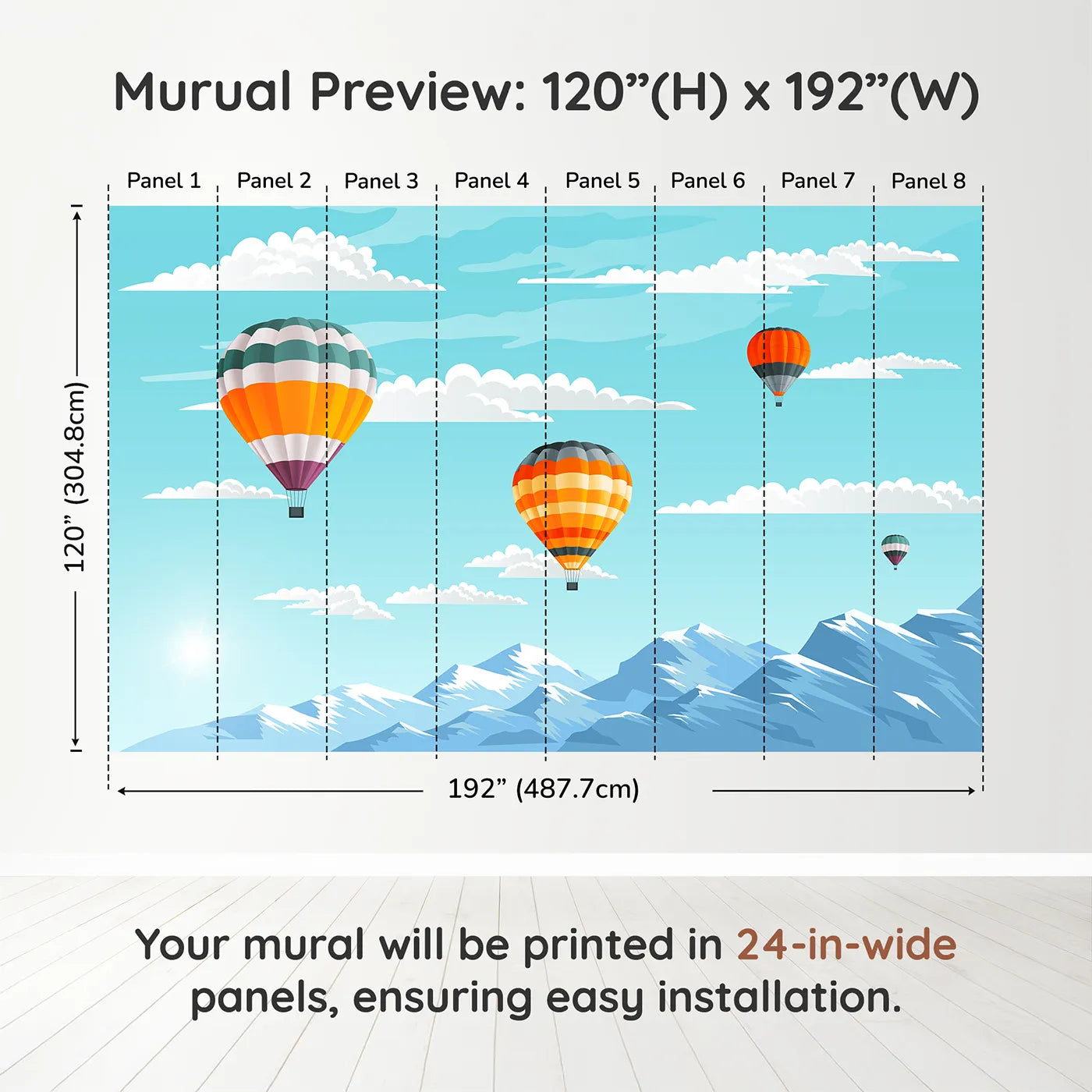 Whimsy Tots Mountain High Balloons Wall Muraldimension view (120" H x 192" W). Printed in eight 24-inch-wide panels. Gender-Neutral