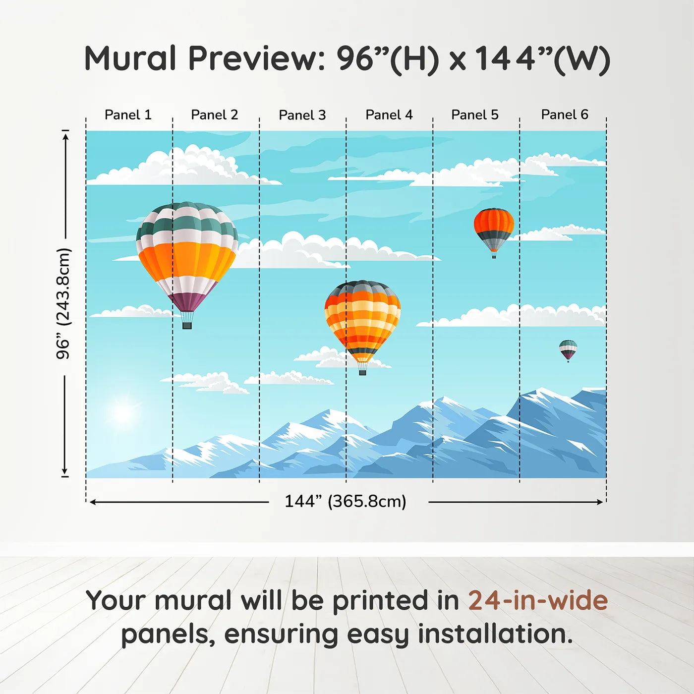 Whimsy Tots Mountain High Balloons Wall Muraldimension view (96" H x 144" W). Printed in six 24-inch-wide panels. Gender-Neutral