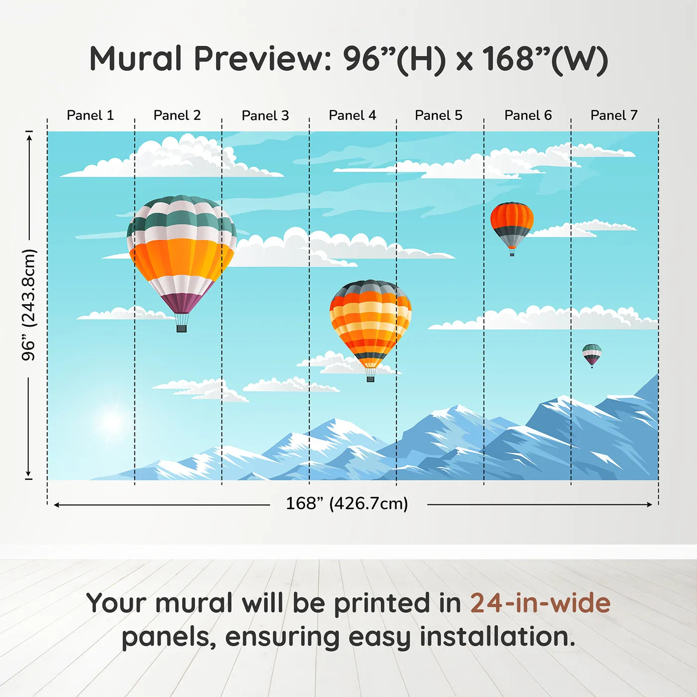 Whimsy Tots Mountain High Balloons Wall Muraldimension view (96" H x 168" W). Printed in seven 24-inch-wide panels. Gender-Neutral