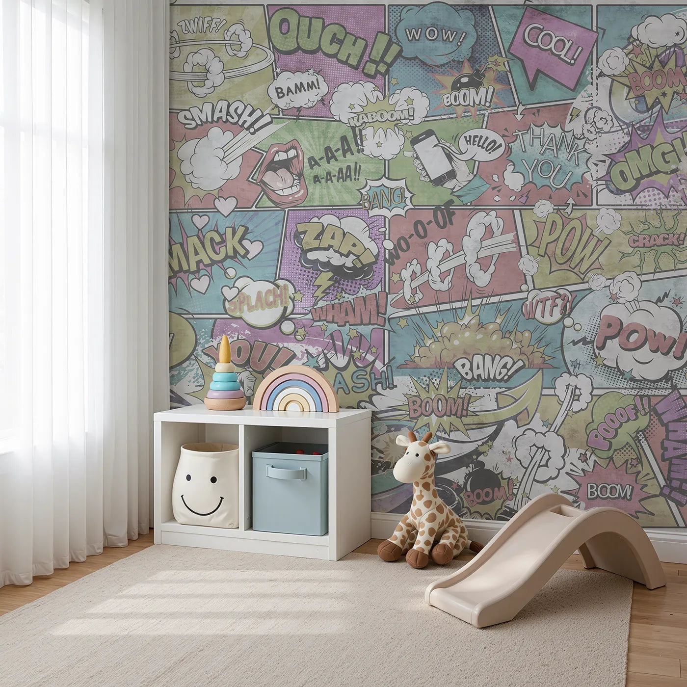 Angled view of Whimsy Tots' Vintage Comic Book Wall Mural (Turn Their Room into an Action-Packed Comic Adventure).Gender-Neutral