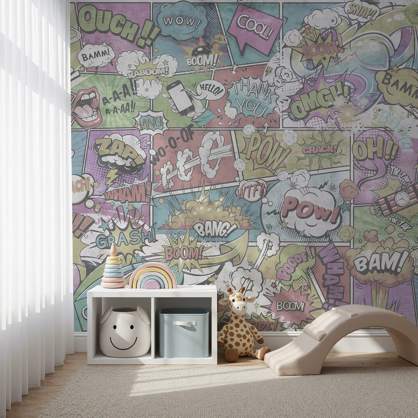 Front view of Whimsy Tots' Vintage Comic Book Wall Mural