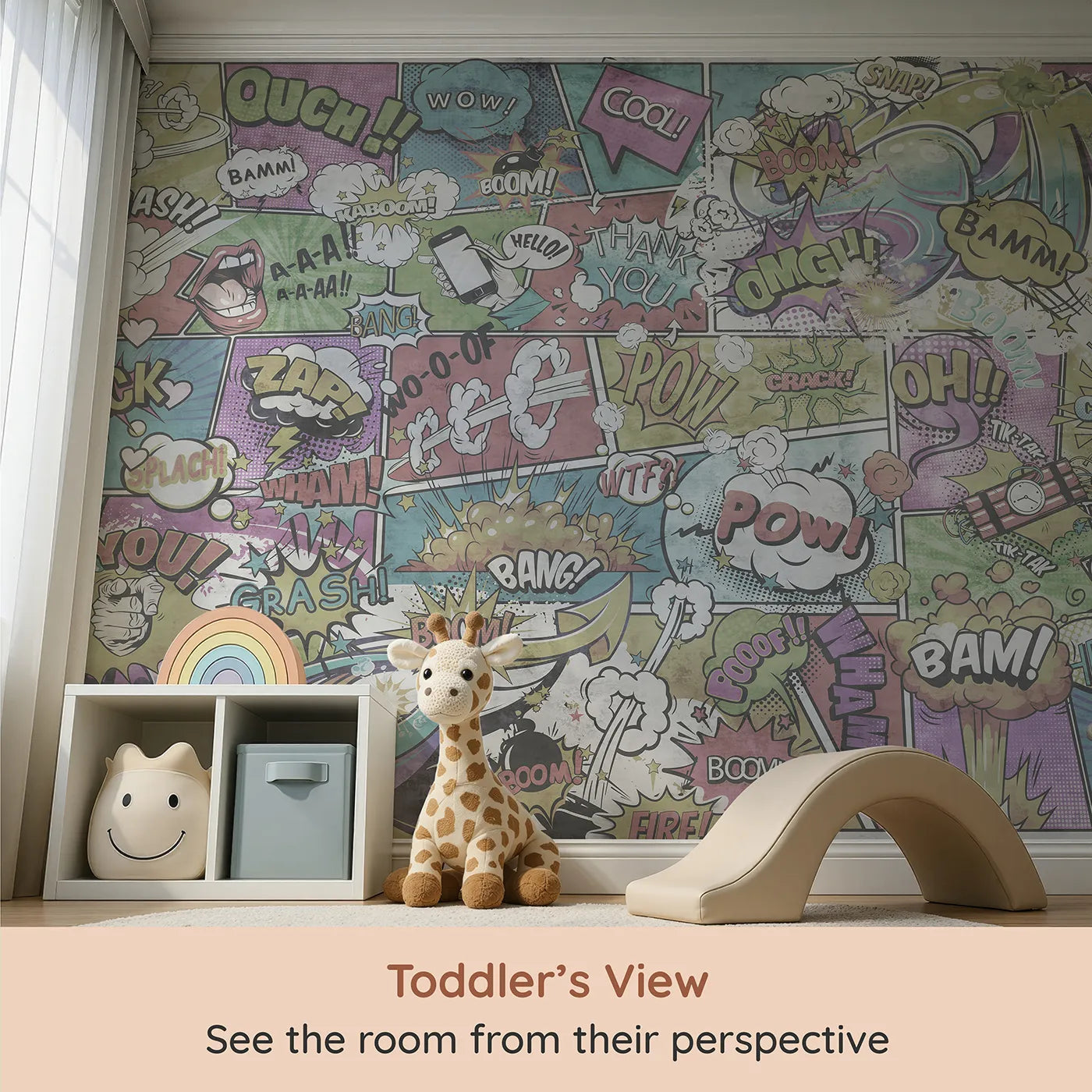 Whimsy Tots Vintage Comic Book Wall Mural (Turn Their Room into an Action-Packed Comic Adventure) from your child's view.Gender-Neutral