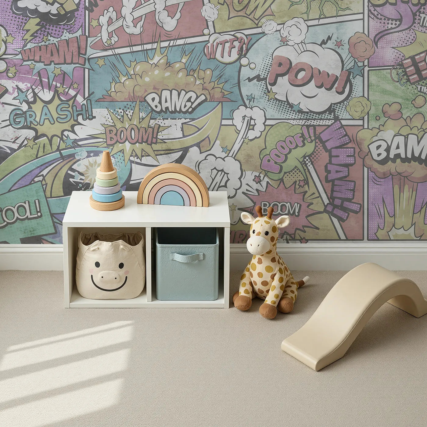 Top-down view of Whimsy Tots' Vintage Comic Book Wall Mural (Turn Their Room into an Action-Packed Comic Adventure).Gender-Neutral