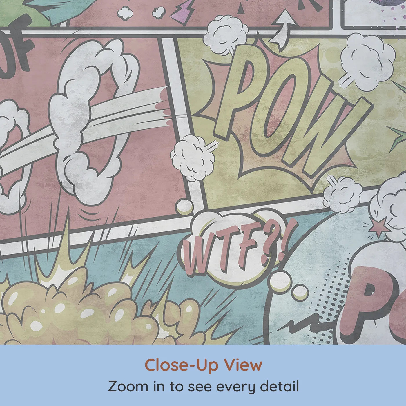 Close-up view of Whimsy Tots' Vintage Comic Book Wall Mural (Turn Their Room into an Action-Packed Comic Adventure).Gender-Neutral