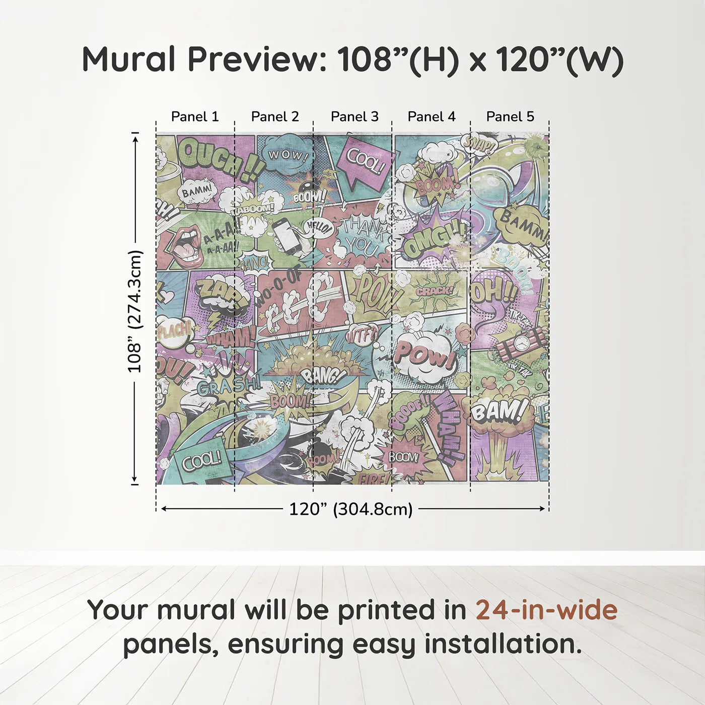 Whimsy Tots Vintage Comic Book Wall Muraldimension view (108" H x 120" W). Printed in five 24-inch-wide panels. Gender-Neutral