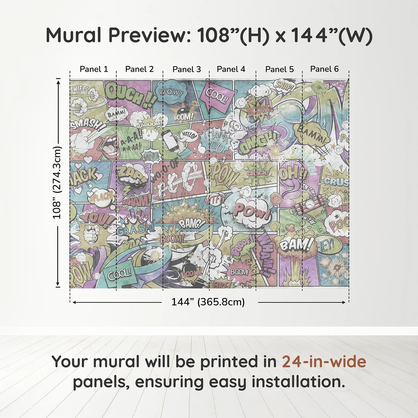 Whimsy Tots Vintage Comic Book Wall Muraldimension view (108" H x 144" W). Printed in six 24-inch-wide panels. Gender-Neutral