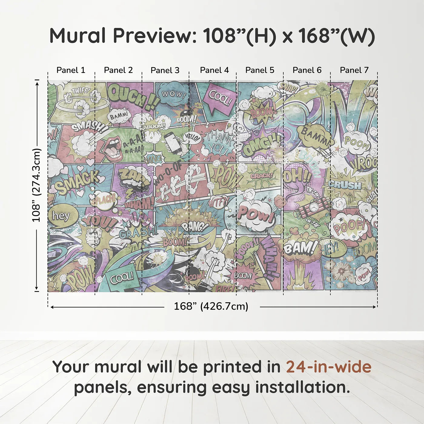Whimsy Tots Vintage Comic Book Wall Muraldimension view (108" H x 168" W). Printed in seven 24-inch-wide panels. Gender-Neutral