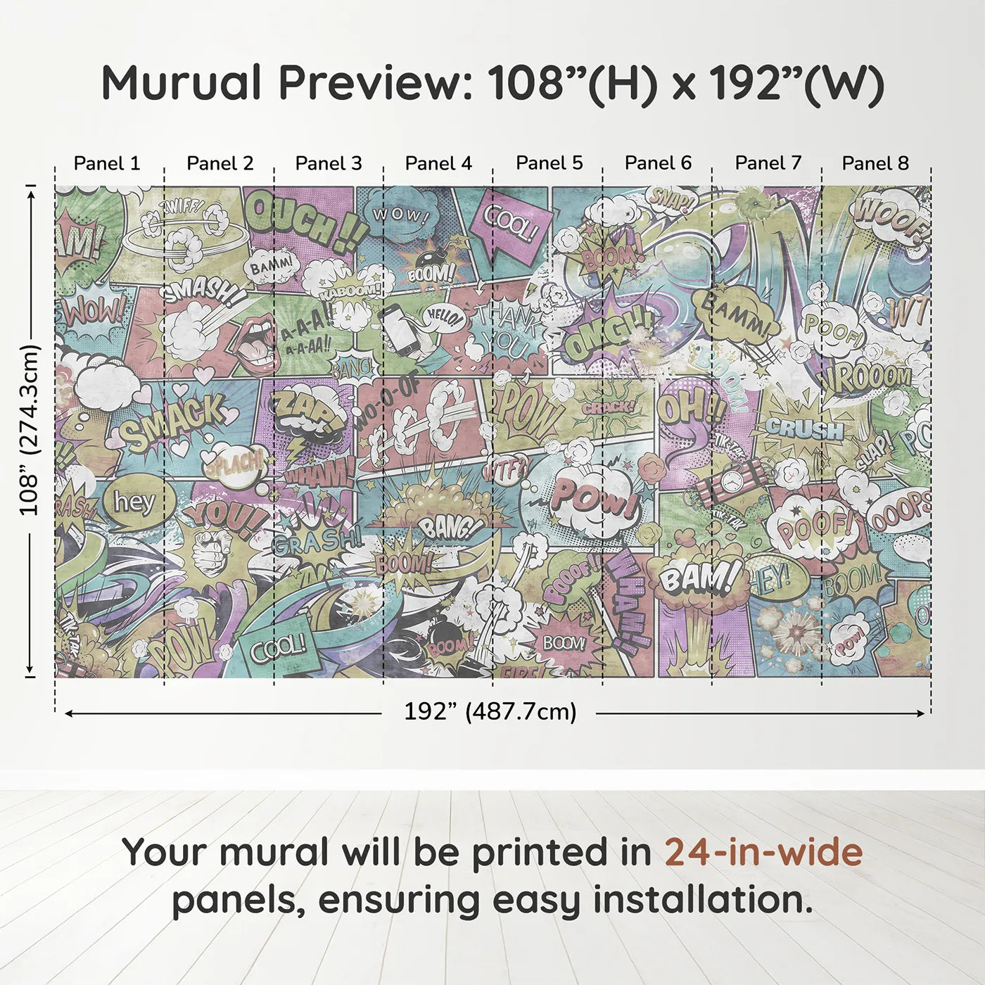 Whimsy Tots Vintage Comic Book Wall Muraldimension view (108" H x 192" W). Printed in eight 24-inch-wide panels. Gender-Neutral