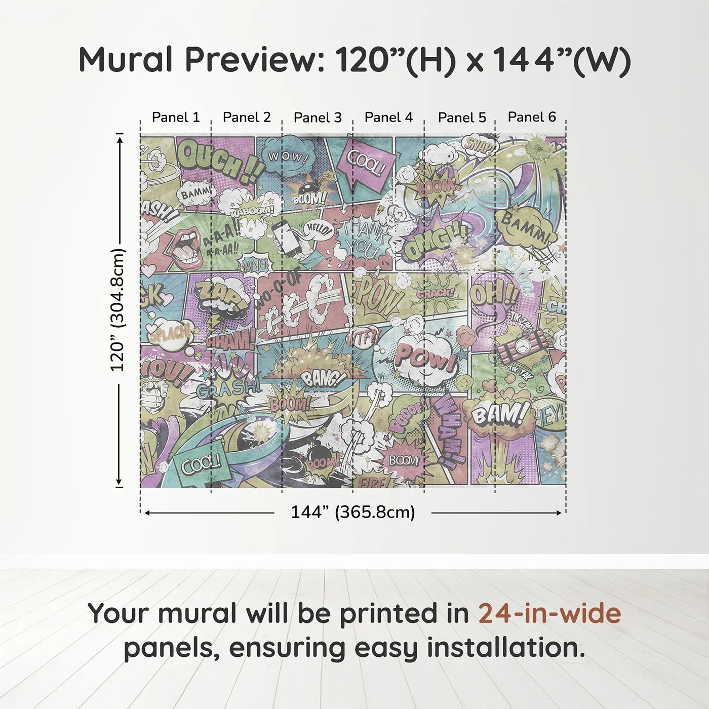 Whimsy Tots Vintage Comic Book Wall Muraldimension view (120" H x 144" W). Printed in six 24-inch-wide panels. Gender-Neutral