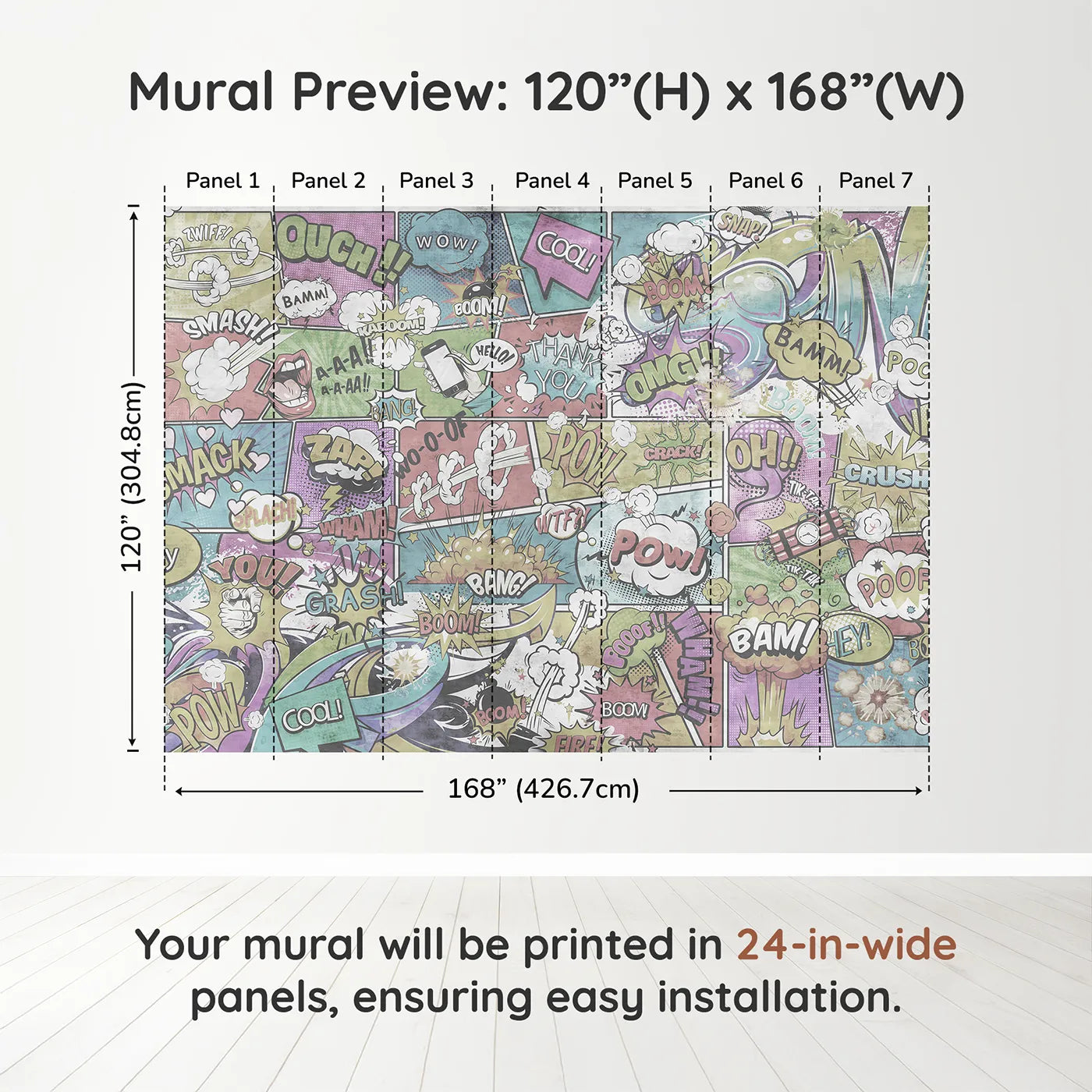 Whimsy Tots Vintage Comic Book Wall Muraldimension view (120" H x 168" W). Printed in seven 24-inch-wide panels. Gender-Neutral