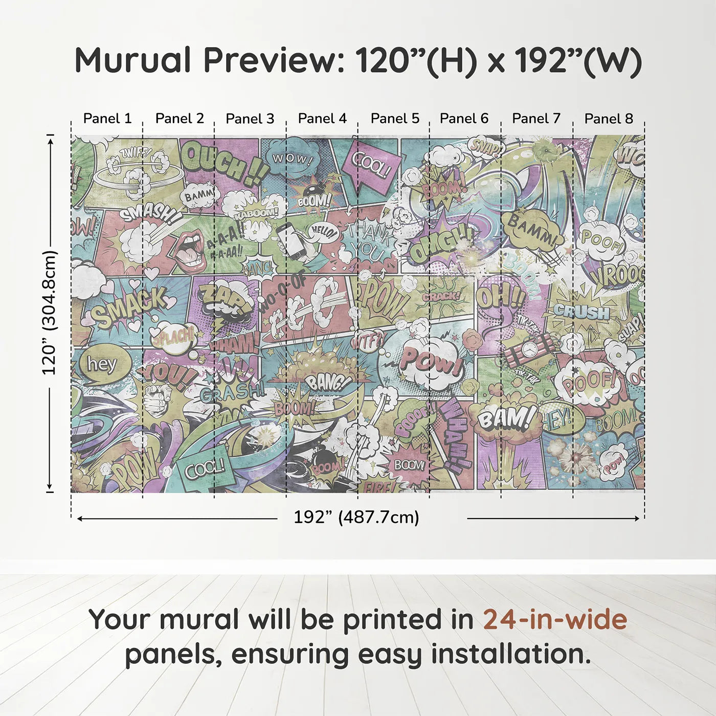 Whimsy Tots Vintage Comic Book Wall Muraldimension view (120" H x 192" W). Printed in eight 24-inch-wide panels. Gender-Neutral