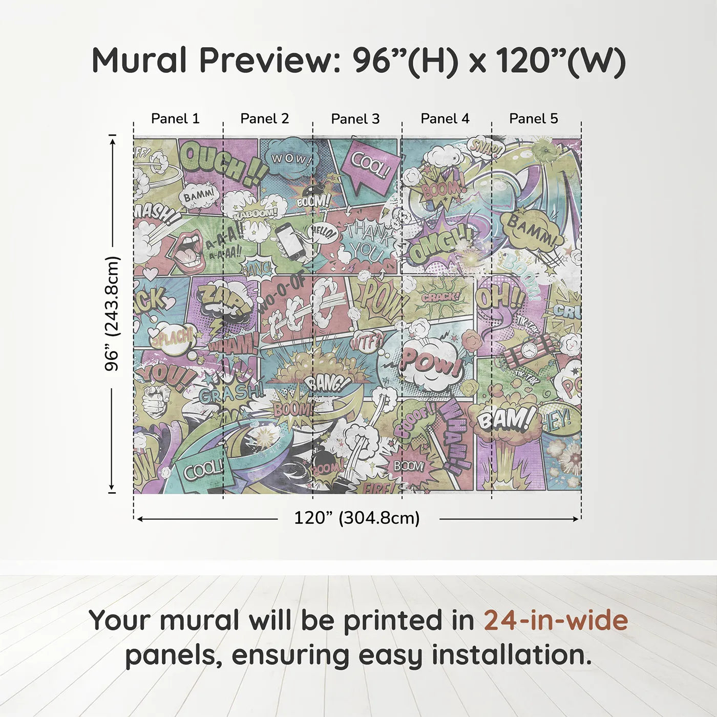 Whimsy Tots Vintage Comic Book Wall Muraldimension view (96" H x 120" W). Printed in five 24-inch-wide panels. Gender-Neutral