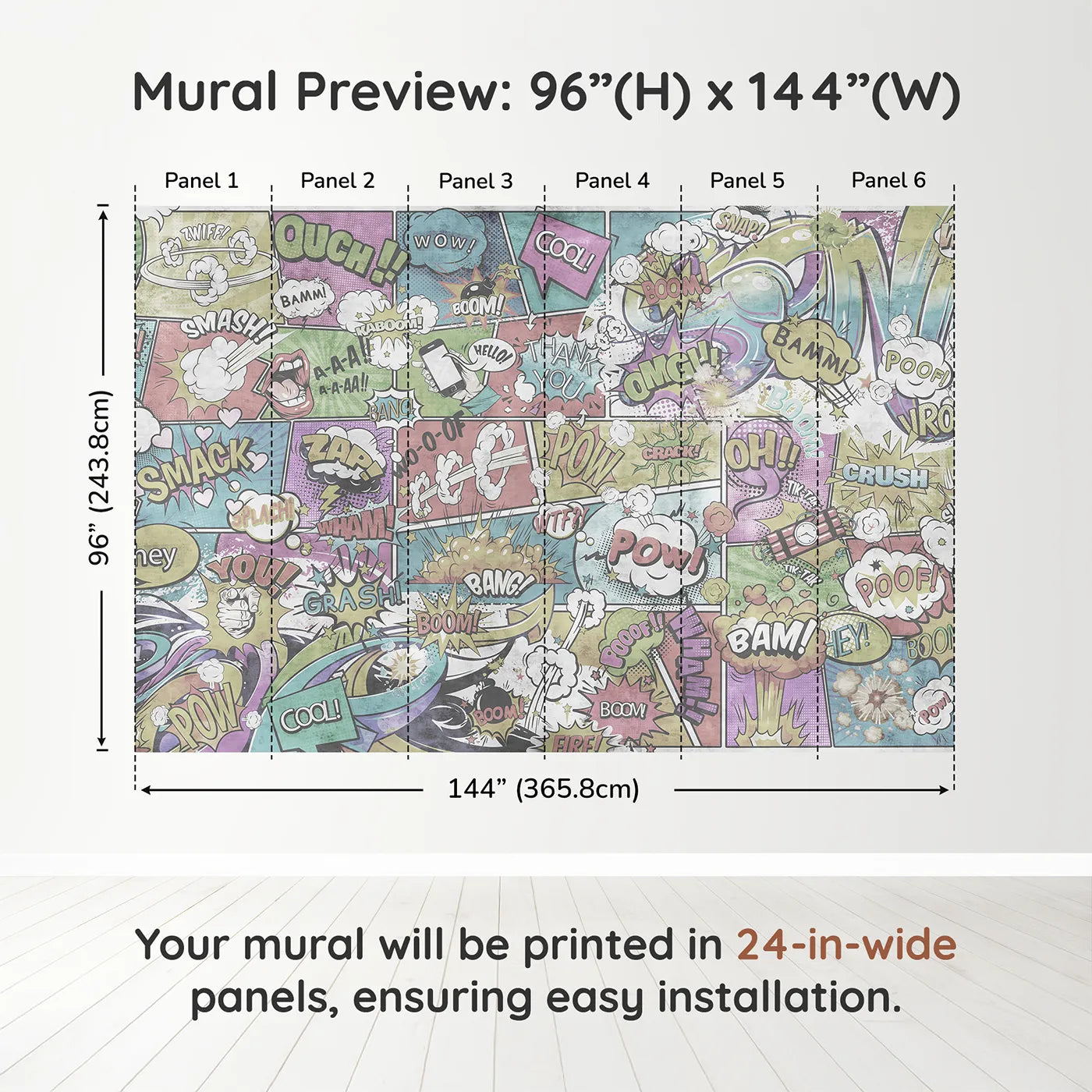 Whimsy Tots Vintage Comic Book Wall Muraldimension view (96" H x 144" W). Printed in six 24-inch-wide panels. Gender-Neutral