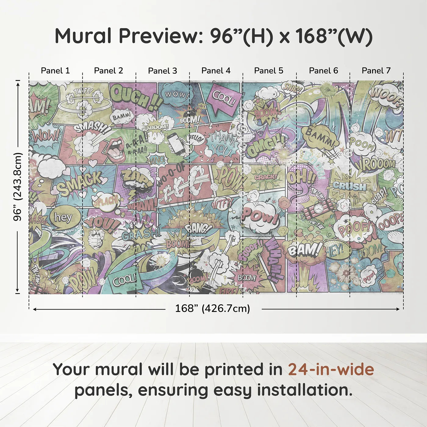 Whimsy Tots Vintage Comic Book Wall Muraldimension view (96" H x 168" W). Printed in seven 24-inch-wide panels. Gender-Neutral