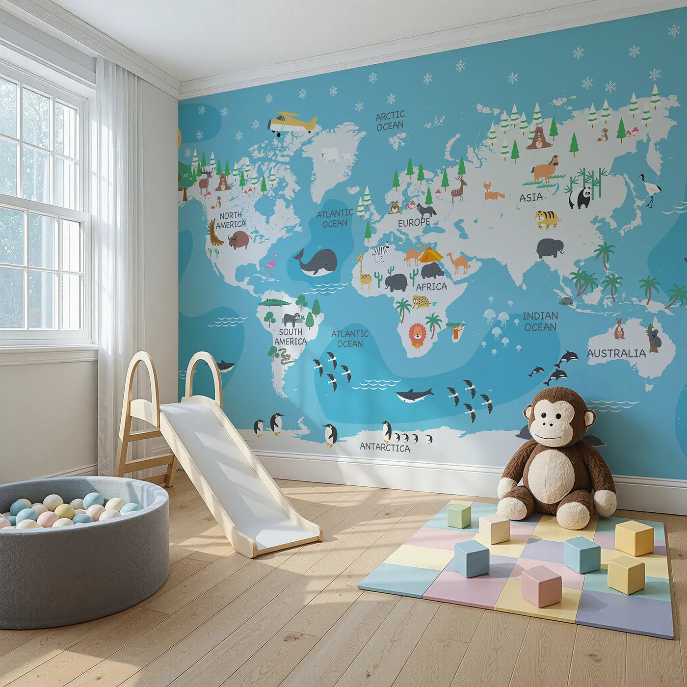 Angled view of Whimsy Tots' Winter World Map Adventure Wall Mural (Turn Their Room into a Snowy Global Expedition).Gender-Neutral