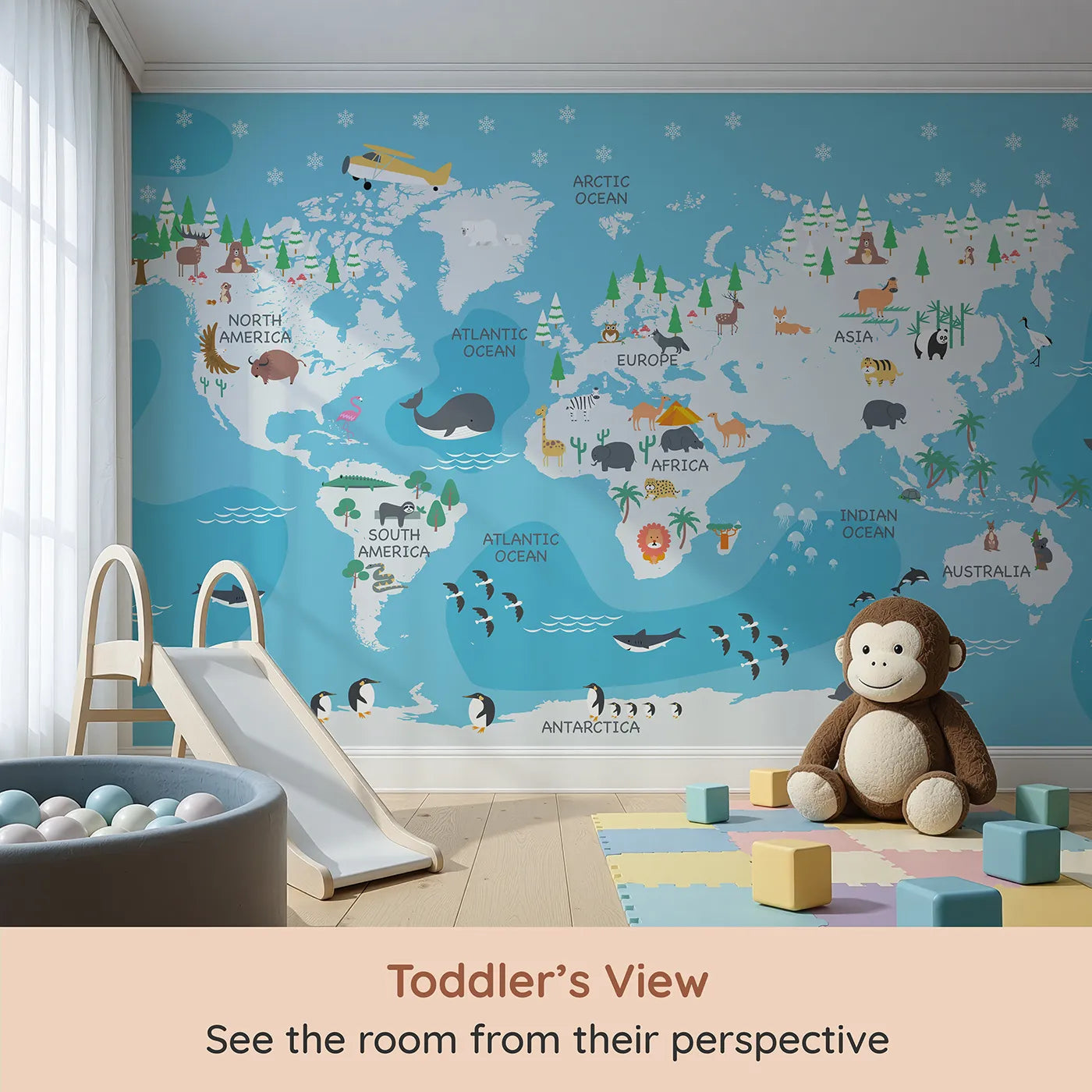 Whimsy Tots Winter World Map Adventure Wall Mural (Turn Their Room into a Snowy Global Expedition) from your child's view.Gender-Neutral