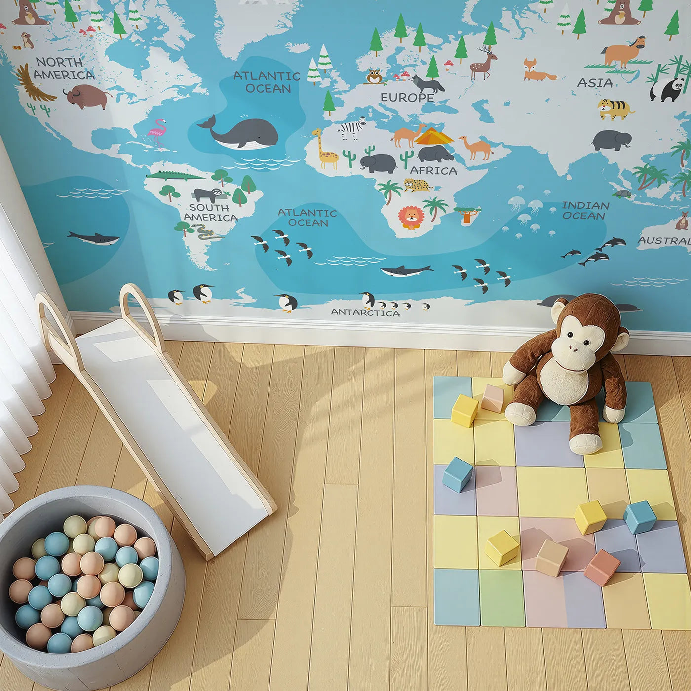 Top-down view of Whimsy Tots' Winter World Map Adventure Wall Mural (Turn Their Room into a Snowy Global Expedition).Gender-Neutral