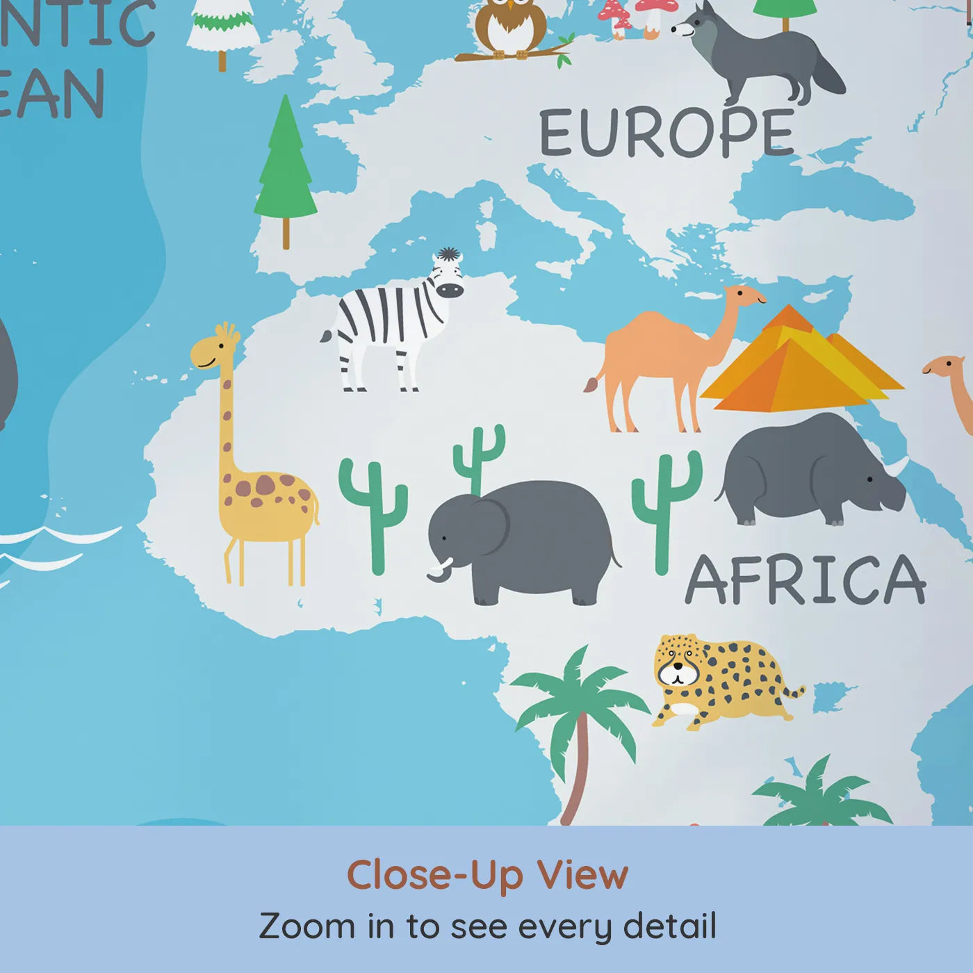 Close-up view of Whimsy Tots' Winter World Map Adventure Wall Mural (Turn Their Room into a Snowy Global Expedition).Gender-Neutral