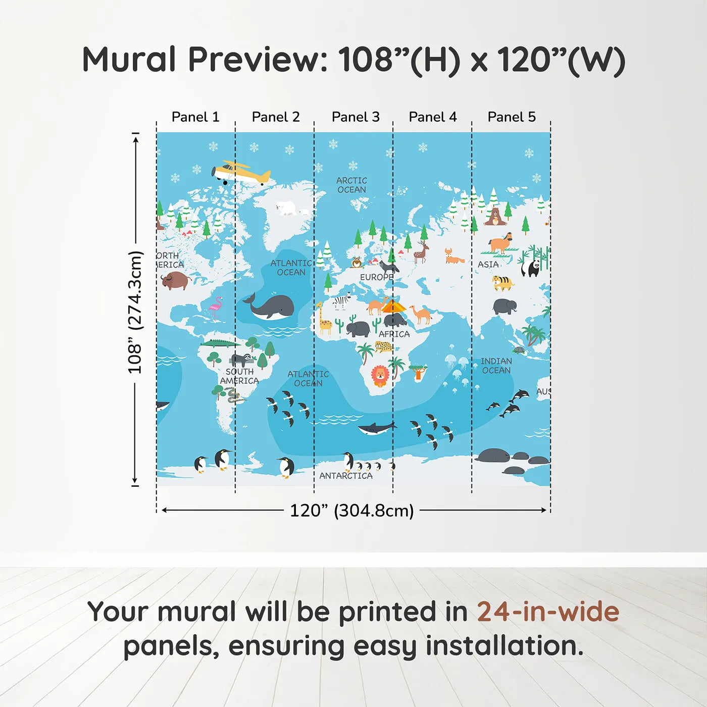 Whimsy Tots Winter World Map Adventure Wall Muraldimension view (108" H x 120" W). Printed in five 24-inch-wide panels. Gender-Neutral