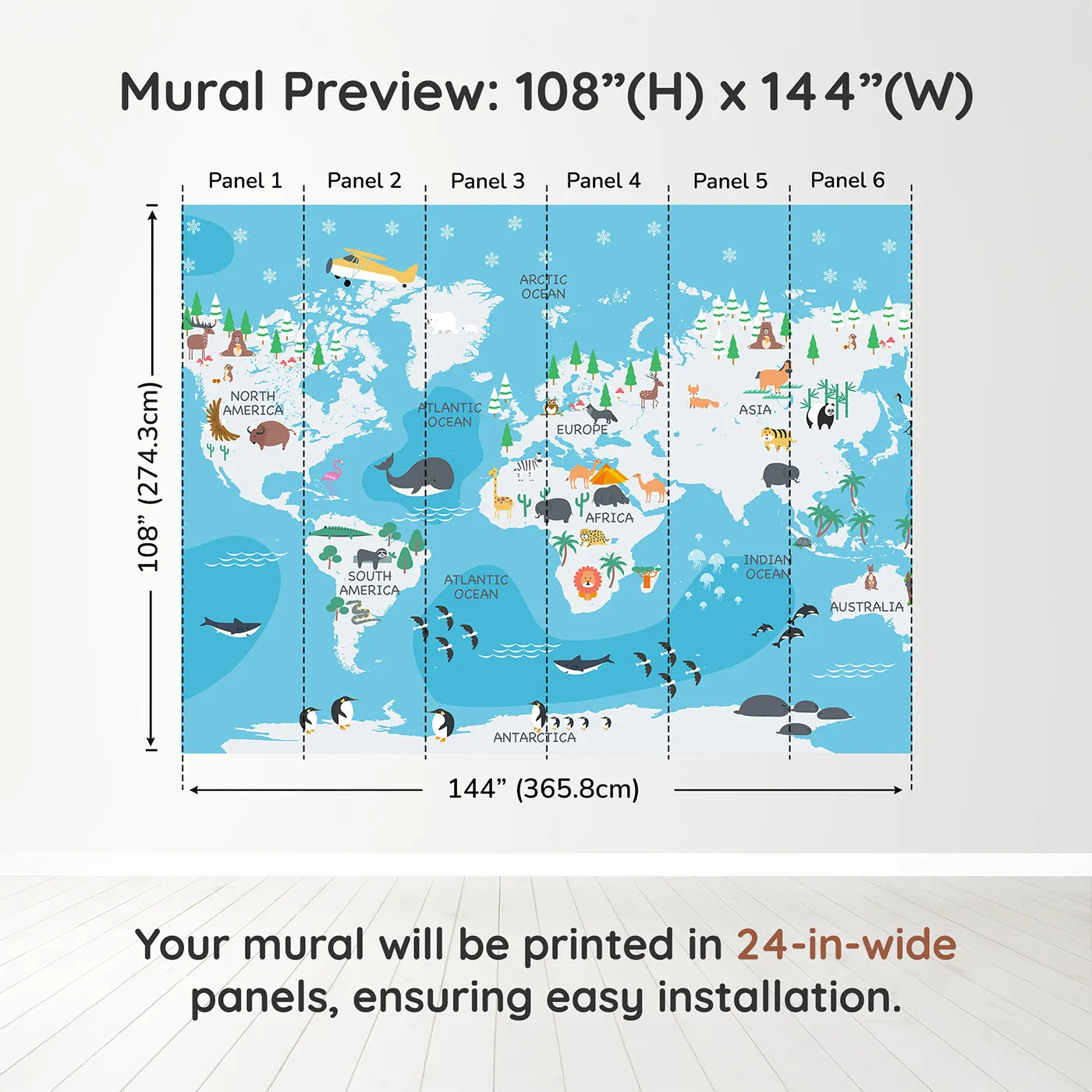 Whimsy Tots Winter World Map Adventure Wall Muraldimension view (108" H x 144" W). Printed in six 24-inch-wide panels. Gender-Neutral