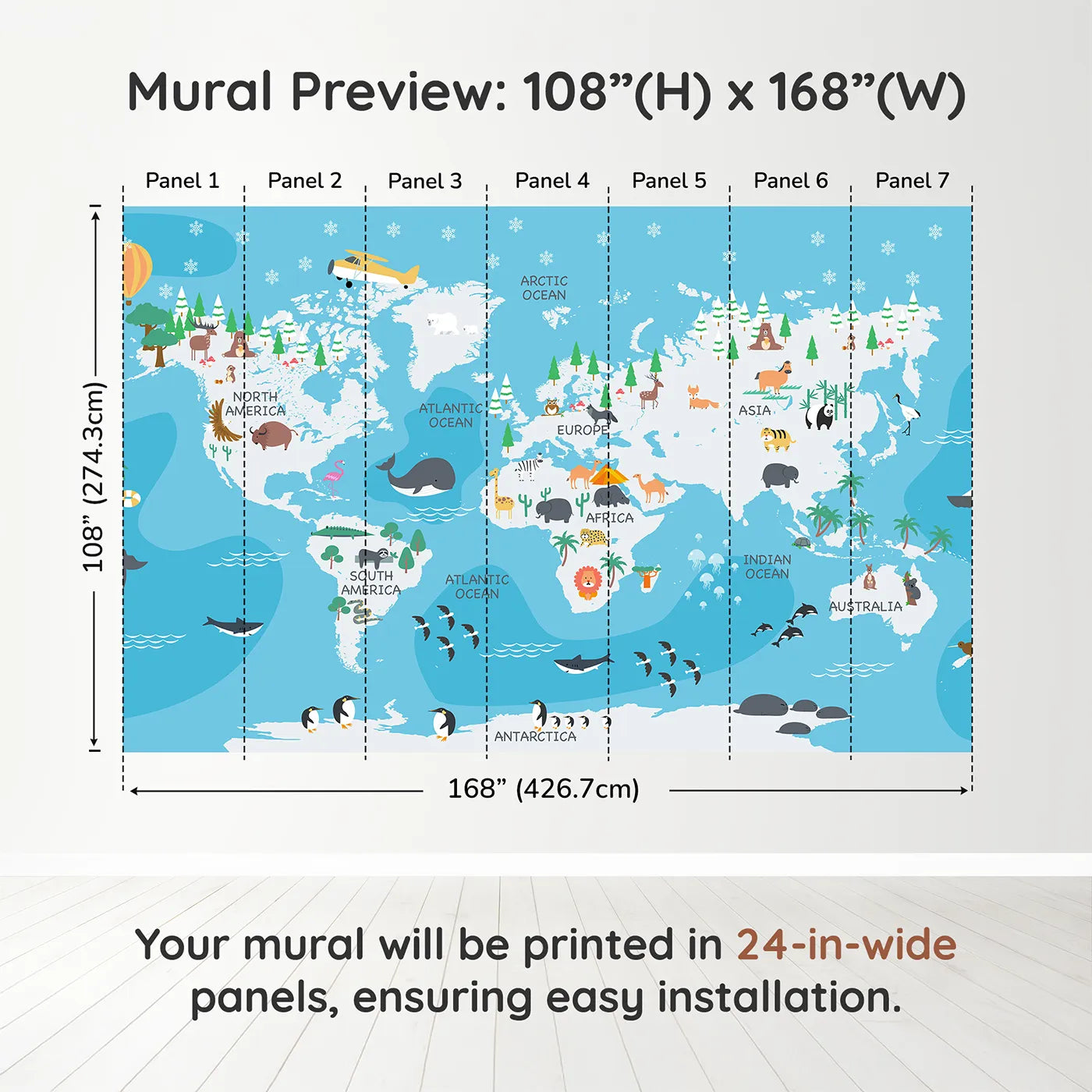 Whimsy Tots Winter World Map Adventure Wall Muraldimension view (108" H x 168" W). Printed in seven 24-inch-wide panels. Gender-Neutral